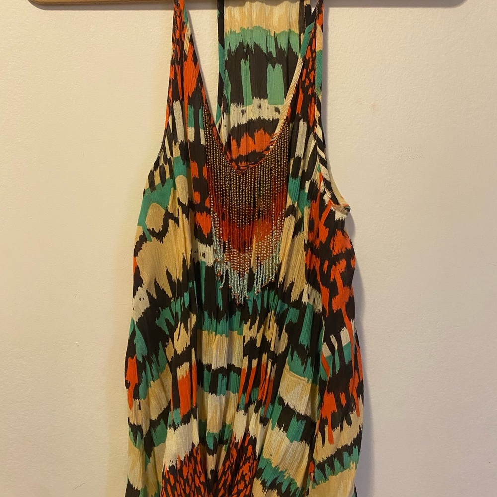 Multicolored halter with beaded fringe